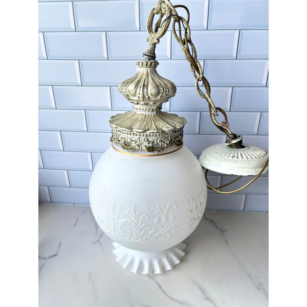 Vtg Moe Light Thomas Ruffle Frosted Glass Swag Pendant Lamp Embossed White